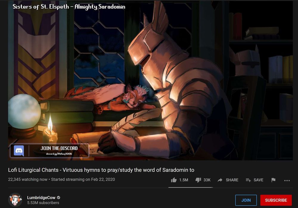 A White Knight sits at a desk in the Falador Castle library, scribbling away in a book by candlelight. Beside him is a stack of other books, a commorb, set in a stand, and a small Skypouncer, sleeping on a windowsill. On the wall is a banner bearing the star of Saradomin, and behind him is a bookshelf, with an extra helmet resting on one of the shelves. The interface around the image is a youtube video, parodying the popular stream "Lofi Hip Hop Radio - beats to study/relax to", originally hosted on the ChilledCow YouTube channel. The video title in the image reads "Lofi Liturgical Chants - Virtuous hymns to pray/study the word of Saradomin to", uploaded by a channel called "LumbridgeCow". The song credited in the corner is "Almighty Saradomin" by the Sisters of Saint Elspeth. In the corner is an ad to join a Discord server, with a link which leads to the RuneScape Art Community.
