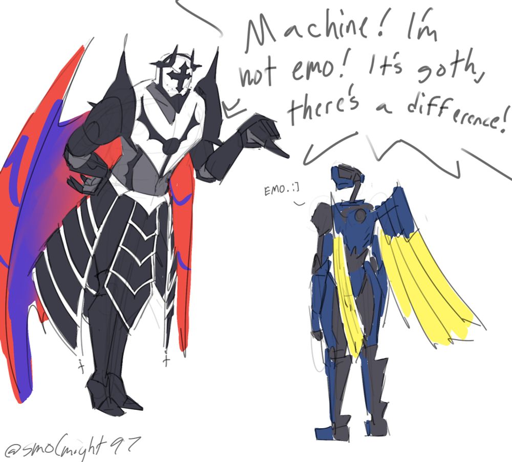 Gothic Gabriel with his hand on his hip, pointing at V1 saying, “Machine! I’m not emo! It’s goth, there’s a difference!” V1 responds, “emo :]”