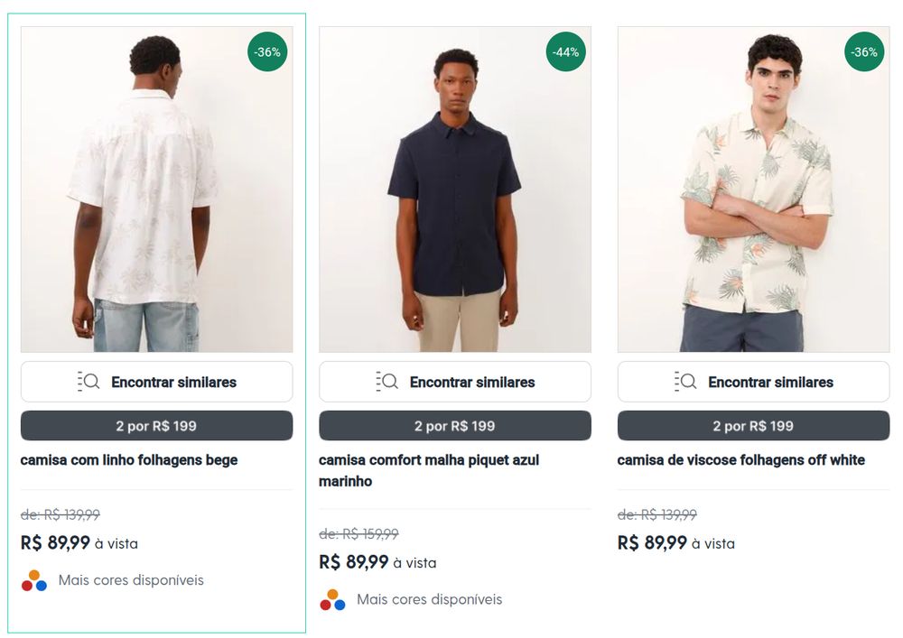 Captura de tela de site de marca de venda produtos moda mostrando 3 produtos, camisas masculinas e seus preços com desconto. A preço de duas peças peças no combo é superior  que a soma do preço de duas peças em separado.