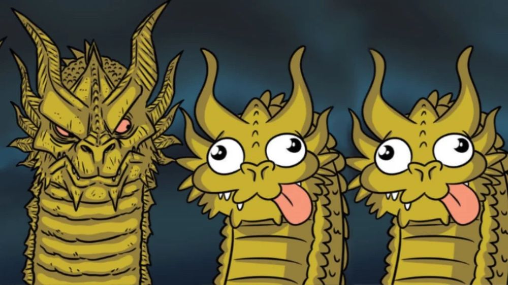 A meme depicting a three-headed dragon. One has a serious face and the other two have silly faces. 