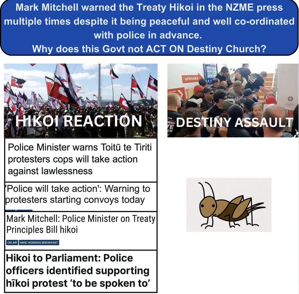 Ths is a poster type image

At the top the heading says:

"Mark Mitchell warned the Treaty Hikoi in the NZME press multiple times despite it being peaceful and well co-ordinated with police in advance. 
Why does this Govt not ACT ON Destiny Church?"

There are two columns underneath - to the left is "Hikoi reaction" and it shows 4 headlines from NZME media with Mark Mitchell warning Treaty Principles Bill Hikoi members about lawlessness, and how police will take strong action.

To the right we see a bar with title "Destiny Church Assault"

And under that there is a picture of a cricket, symbolising crickets from this government when it comes to Brian Tamaki antics.