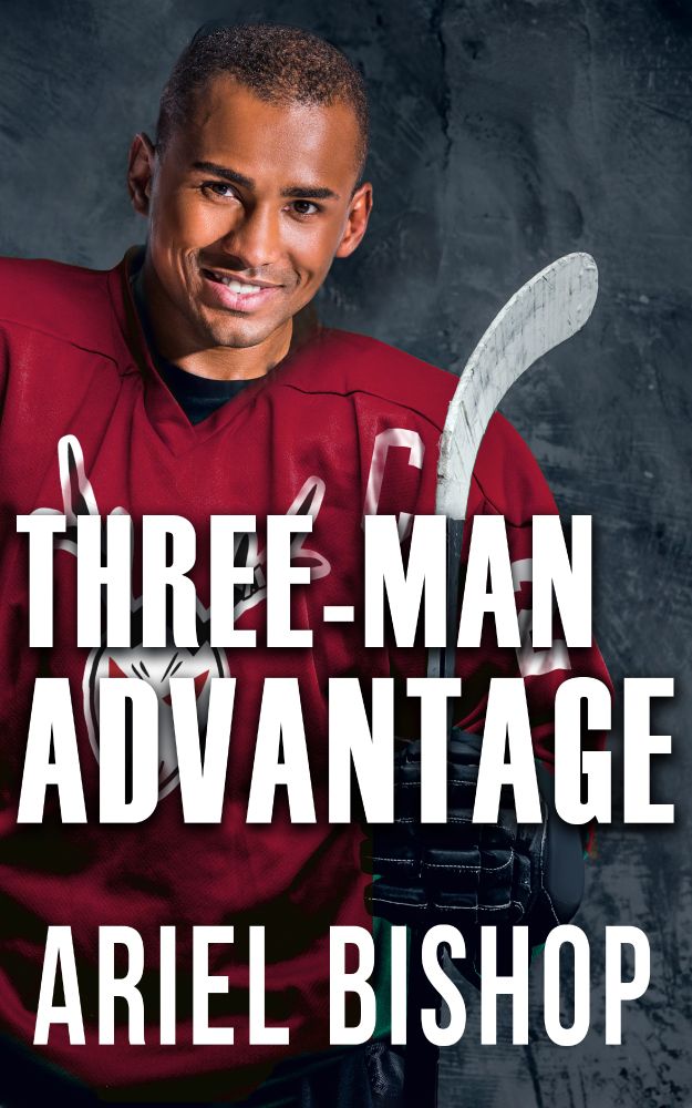 The cover of Three-Man Advantage by Ariel bishop; a smiling Black hockey player in a red jersey with the title and author name in white text