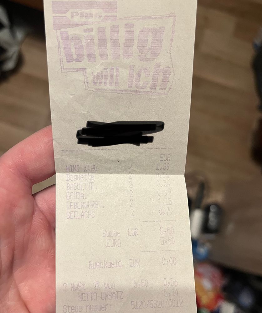 Ein Kassenzettel von 2004, aus dem damaligen Laden Plus und einem gesamten einkaufswert von 5,50€