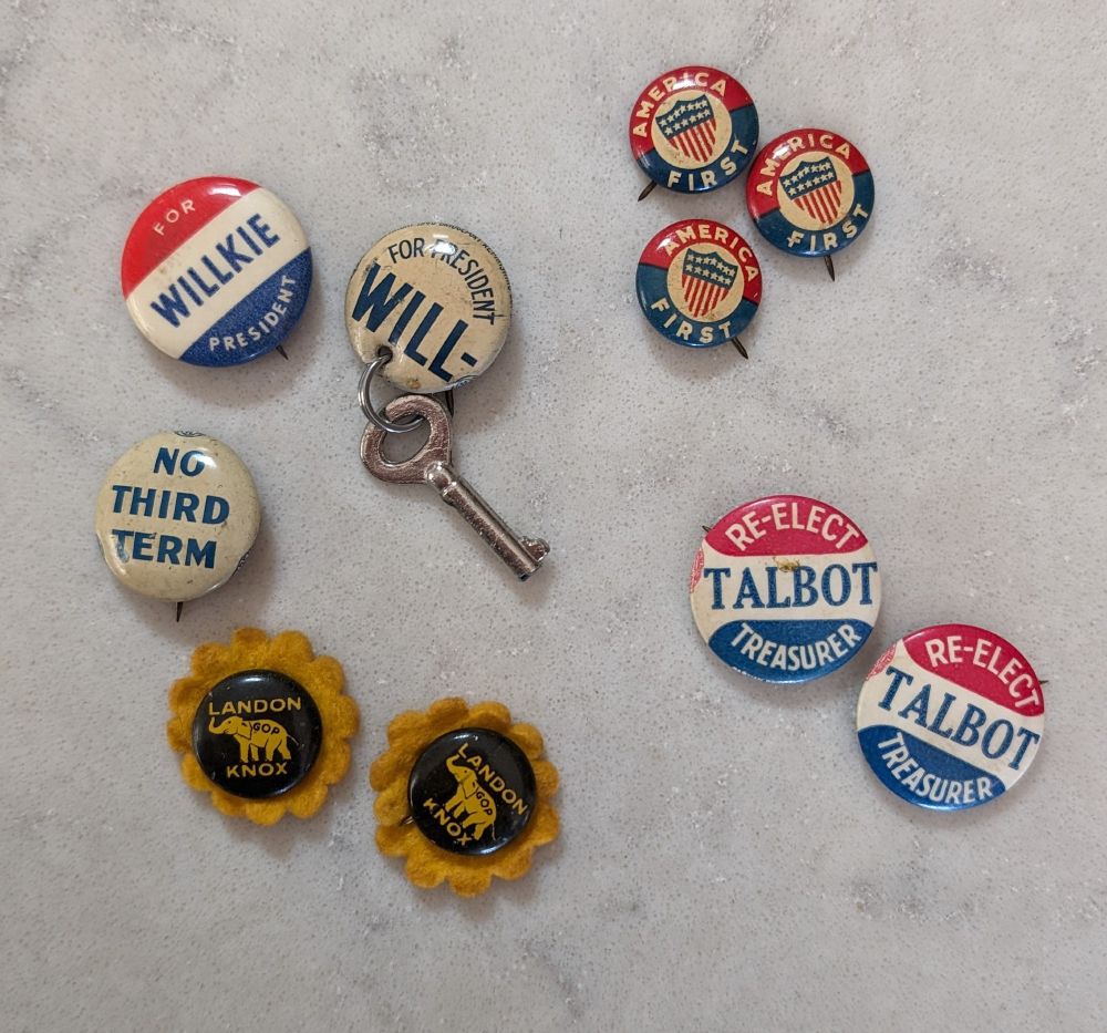 A selection of political campaign buttons from 1936 and 1940 from various Republican and isolationist politicians.