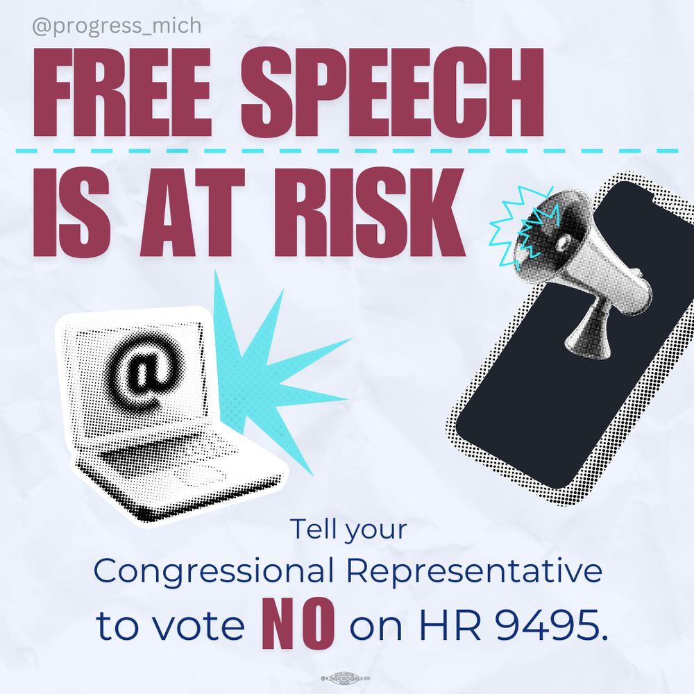 Graphic showing images of a laptop, a phone, and a megaphone, and text that reads, “Free speech is at risk. Tell your Congressional Representative to vote NO on HR9495.”
