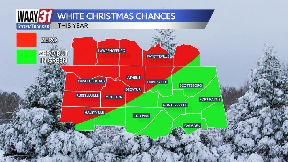 A weather map of Northwest Alabama showing zero percent chance of snow for Christmas. The graph is color coded. half is red to represent no snow, half is green to represent no snow. 