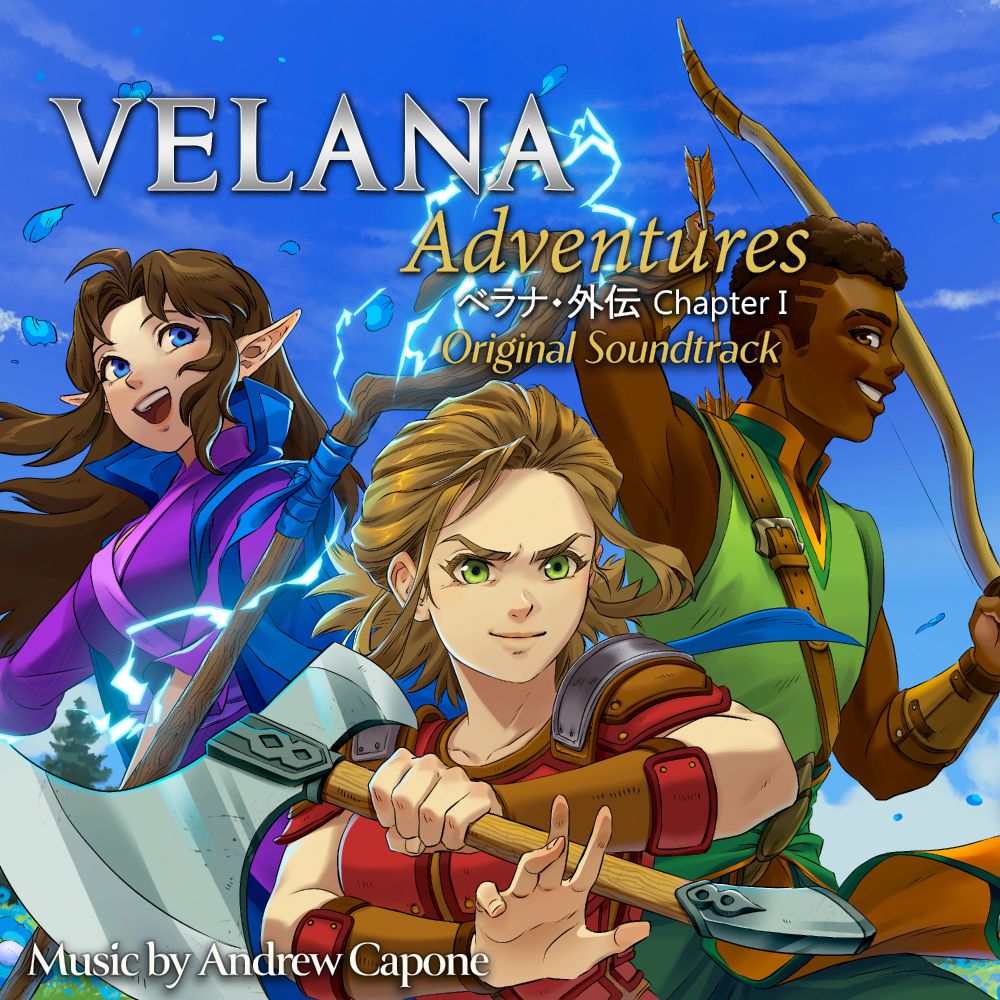 The album art for the first Volume of the Velana Adventures Chapter One original game soundtrack. It portrays the main cast ready for battle. Finley is in front wearing red wielding an axe with a fierce expression on her face. Orin, the archer, is on the right in his green outfit and is smiling. Liriana, the mage is in purple, smiles as a lightning spell is being cast from her staff. The text shows the games logo and reads:" Velana Adventures Chapter I Original Soundtrack" with japanese text indicating this is a gaiden game. On the bottom is text that reads "Music by Andrew Capone" 