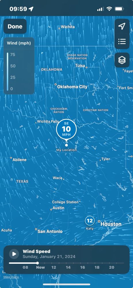 The Wind Map on the iOS Weather app, showing the path that wind is taking. One of my farts is heading to Wichita Falls right now.