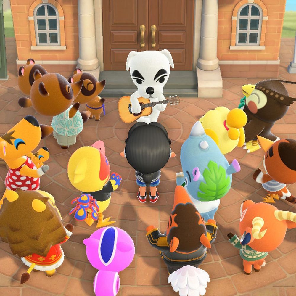K.K. Slider, the guitarist dog from the Animal Crossing series, surrounded by a town’s villagers