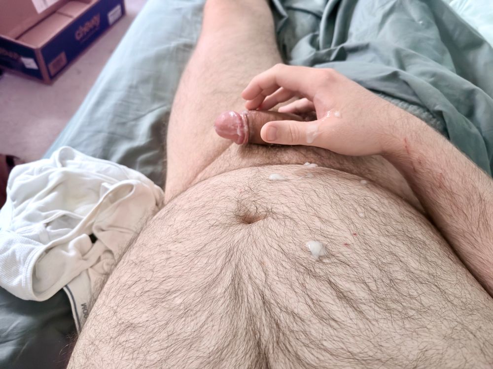 My hairy belly and cock with ejaculate everywhere. 
