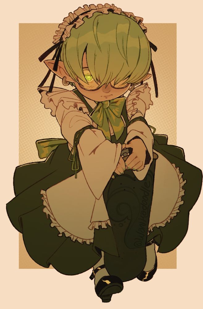 a male lalafell with a green and pale yellow bowlcut stands, one of his eyes visible to the viewer. Hes dressed in a long, lolita style maid dress and hes holding a skateboard