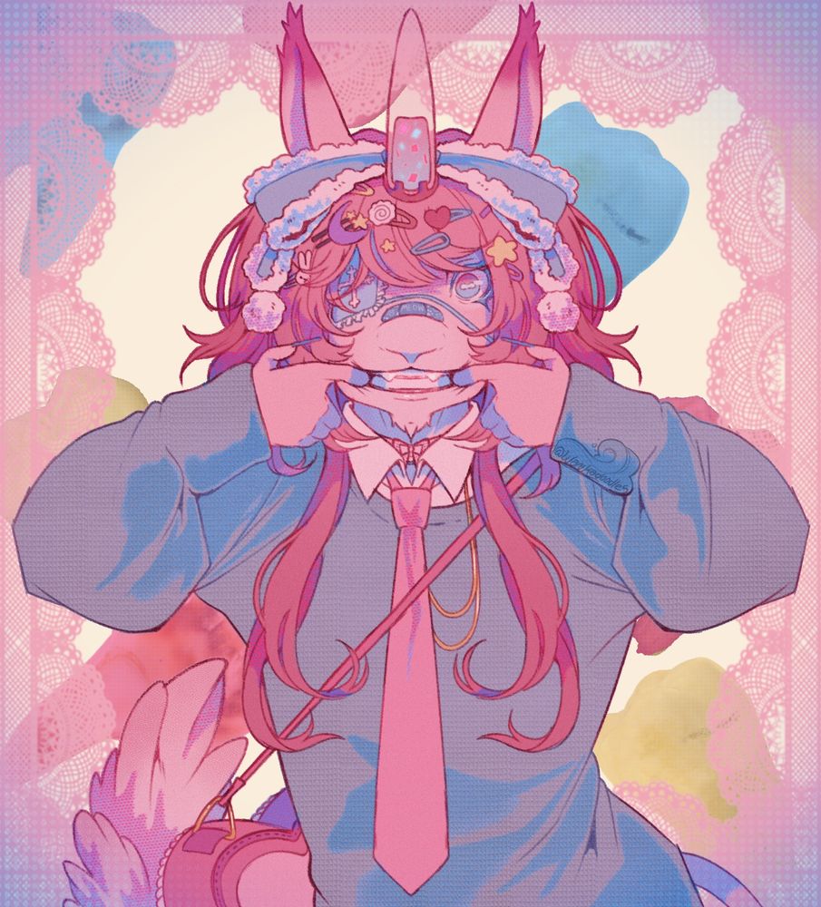 A pastel pink unicorn anthro (he/him) stands before the viewer, fingers in his mouth and stretching to make a smile. He wears a soft pastel sweater and lots of decora clips in his hair