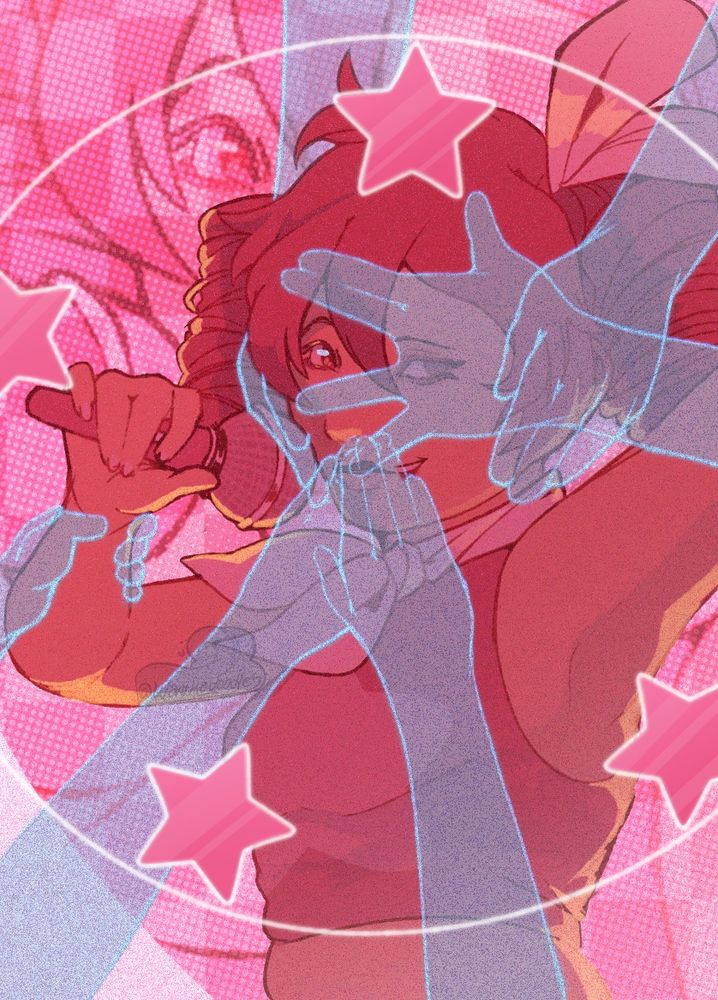 Kasane Teto stands and performs, singing into a mic. Over her face, covering her mouth, ears and one of her eyes are ghostly blue hands, muffling her senses