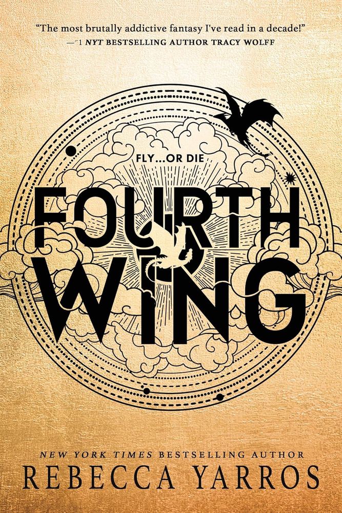 The cover of Fourth Wing by Rebecca Yarros. It depicts a circular compass-like logo with dragons and clouds