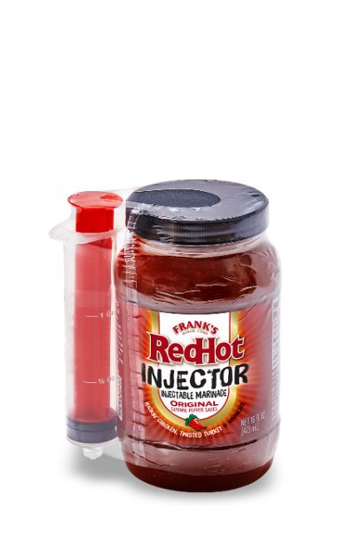 Something called “Frank’s RedHot Injector: Injectable Marinade” a jar of spicy red goop packaged with a syringe