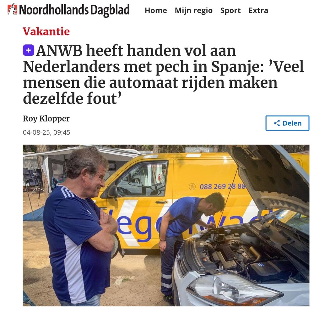 Kop van Noordhollands Dagblad: ANWB heeft handen vol aan Nederlanders met pech in Spanje: ’Veel mensen die automaat rijden maken dezelfde fout’