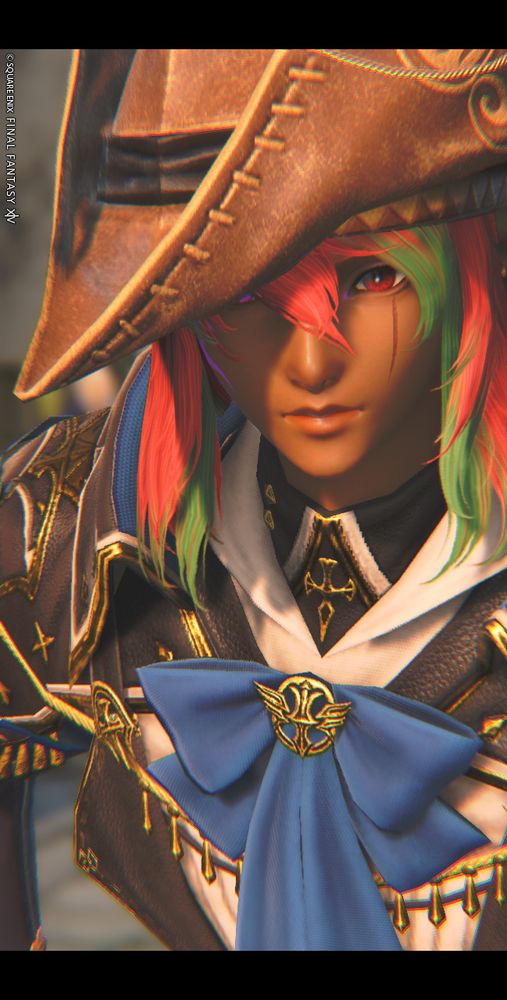 A glam shot of a viera in a skypirate-like machinist outfit. Primarily to showcase the hat. They are staring off with intensity.
