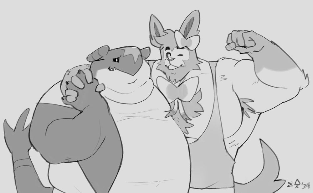 A fat Garchomp and a muscular Sylveon holding hands 