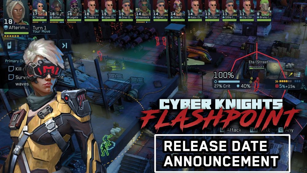 "Cyber Knights: Flashpoint Release Date Announcement." Game screenshot background showing isometric turn-based tactics gameplay. An XCOM-like HUD shows an initiative order of characters under the player's control with various enemies mixed in.
