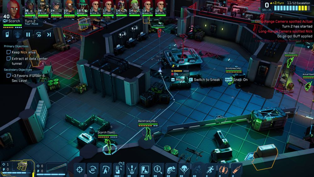 Screenshot from Cyber Knights: Flashpoint. Isometric turn-based tactics gameplay. An XCOM-like HUD shows an initiative order of characters under the player's control with various enemies mixed in, and a security level meter that reacts to the player going loud or choosing to take a more stealth game approach.