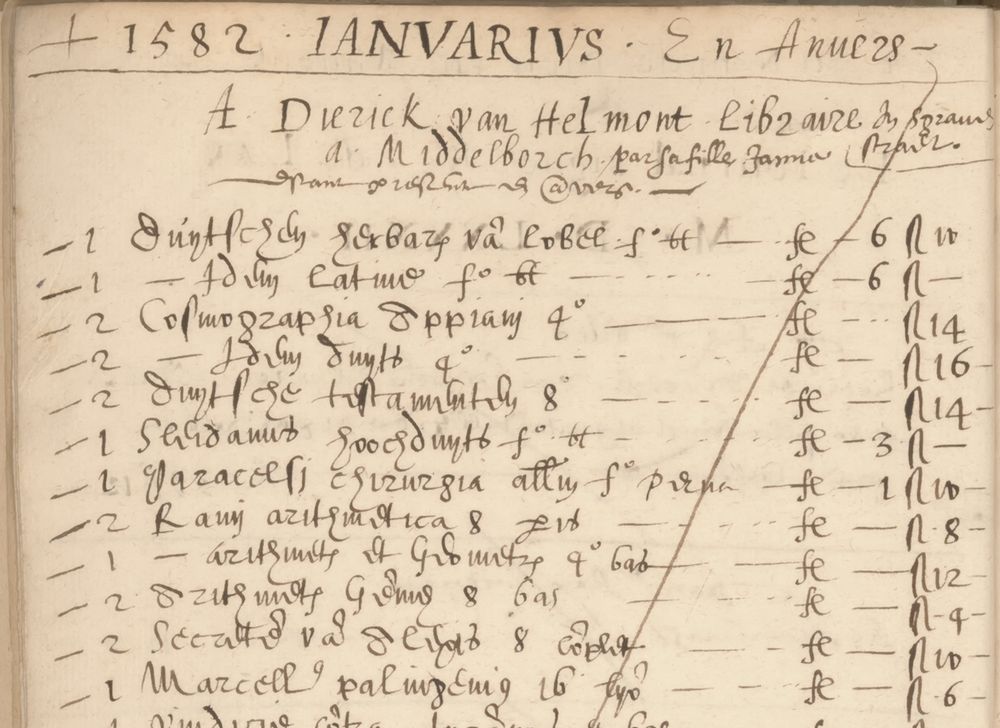 Text of a ledger describing the client as 'Dierick van Helmont, libraire a Middelborch, par sa fille Janne‘