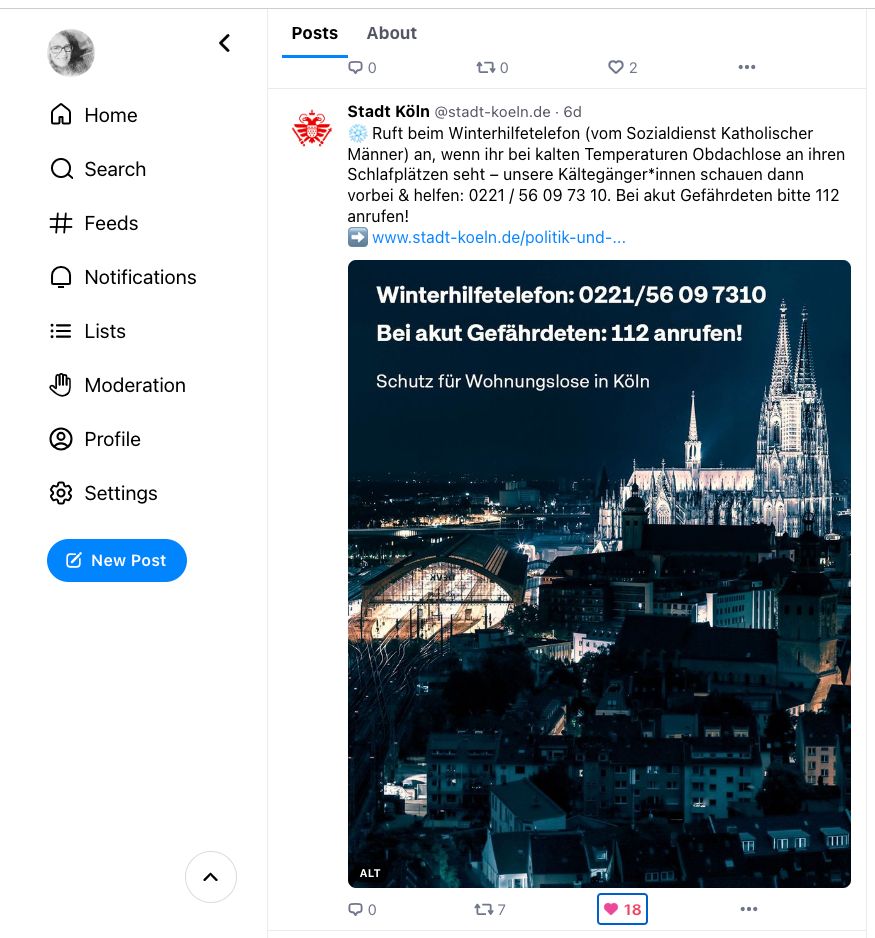 Screenshot eines Posts der Stadt Köln über das Winterhilfetelefon