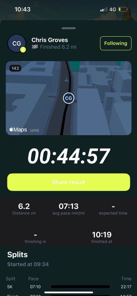 Picture of my timer for the London 10k, finishing on 44 minutes 57 seconds 