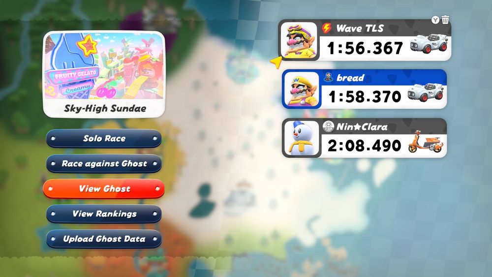 Mario Kart World Time Trial times, showing the world record (1:56.367), my time (1:58.370), and the developer time (2:08.490)