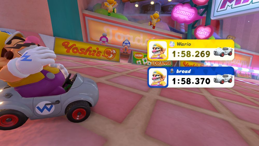 A Personal Best time in Mario Kart world for Sky-High Sundae. The new time is 1:58.269. The old time was 1:58.370