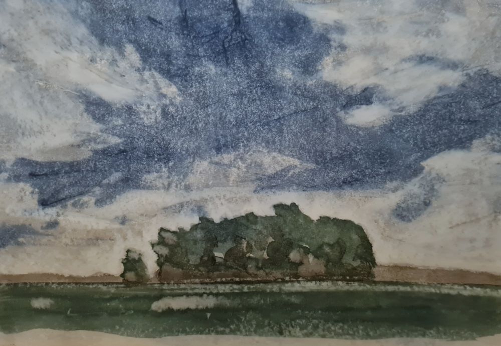 A painting of trees by the river