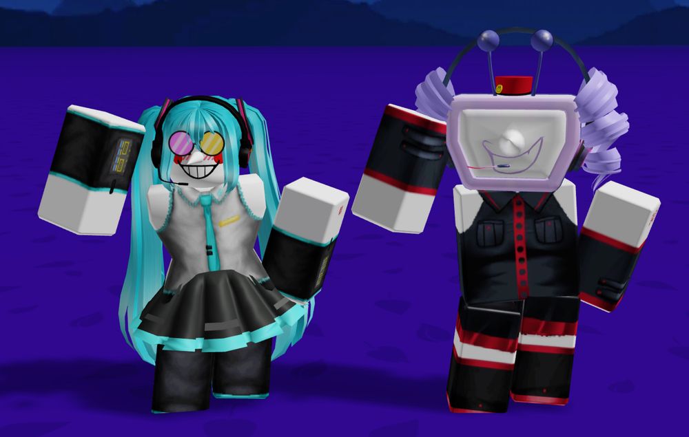 spamton and tenna posed in a (poor) attempt to replicate the Mesmerizer (32ki) thumbnail pose, spamton is dressed up as Miku and tenna is dressed up as Teto…
Spamtenna Mikuteto