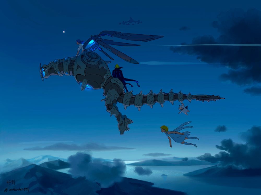 Kaeya, Lumine, Dainsleif and Paimon riding a ruin drake across the morning sky, with Celestia in the background.