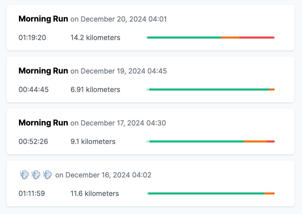 Screenshot of a web application that shows a list of runs (with details like when it happened, the timing and distance), plus the time spent in the different running zones.