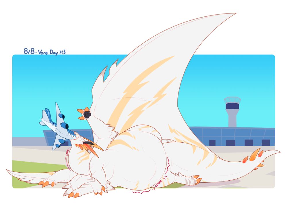 Alto, a large white dragon with golden lightning shaped patterns, swallowing a large airplane on a runway. Their stomach is also full from other airplanes they've eaten, making a "clank" sound in their gut.
Text above background reads "8/8 Vore Day >:3".