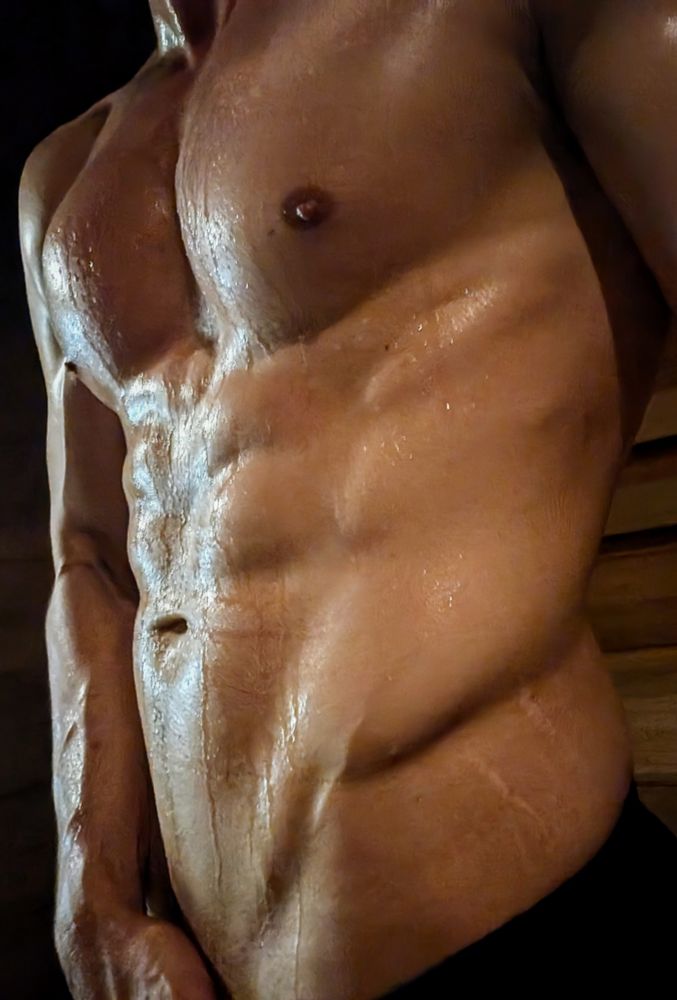 Sweat dripping down some pecs and down abs