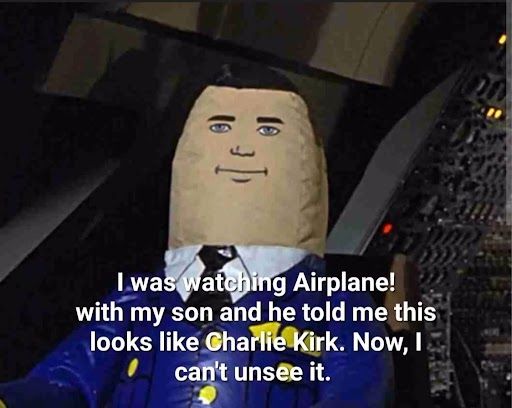 A prop from the Airplane! movie of an inflatable pilot with text saying it looks like a well know right wing pundit