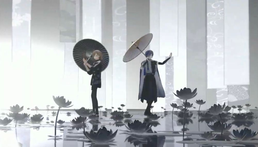 Kanae and Rou singing while holding their parasols in a beautiful monochrome scene with lotus flowers and painterly scrolls in the background.