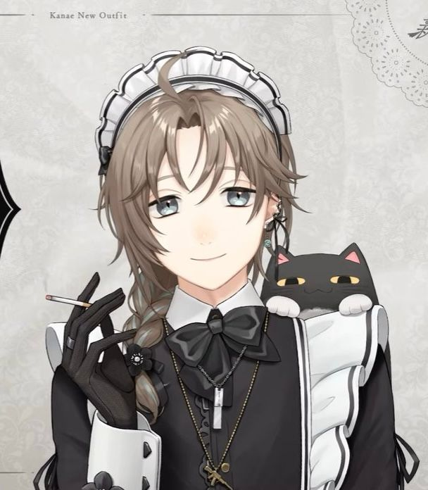 Kanae in a maid outfit holding a lit cigarette 