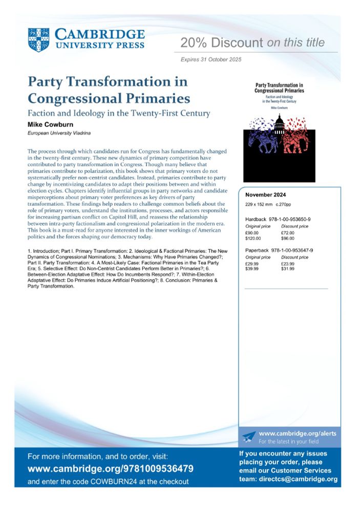 Flyer for Mike Cowburn’s book “Party Transformation in Congressional Primaries”