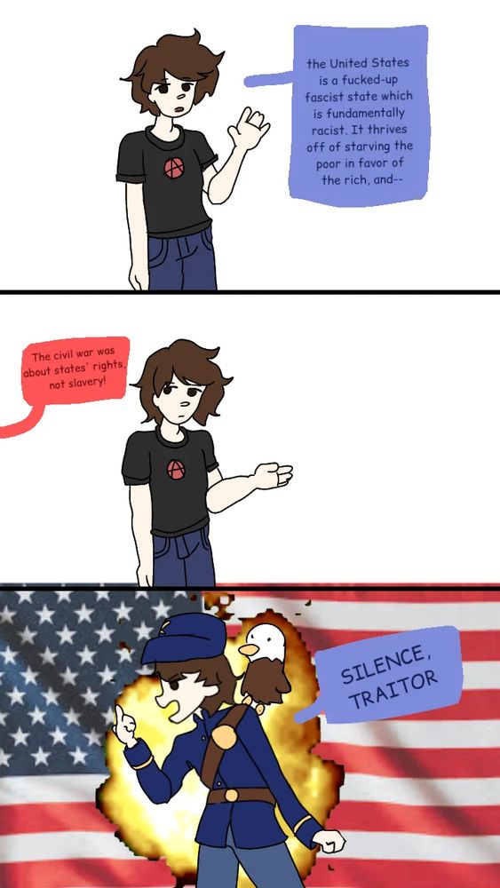 An anarchist discussing how the US is a fascist, fundamentally racist state that starves the poor in favor of the rich, only to to turn into a red, white, and blue patriot the moment someone claims the Civil War about states rights and not slavery. 