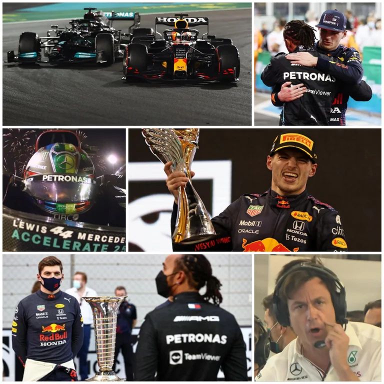 Collage of moments form the 2021 Abu Dhabi Grand Prix. Featuring Hamilton, Verstappen & Toto Wolff