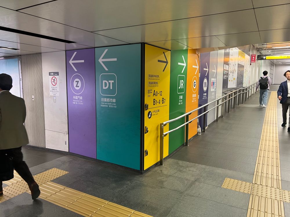 A wall with colourful signage pointing in different directions