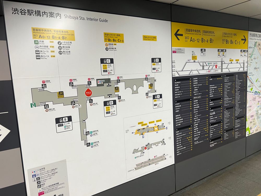 A wall with maps and guide