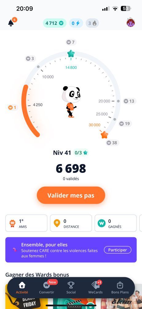 Jauge WeWard, donnant un Ward pour 4250 pas, 3 Wards pour 10000 pas, 7 Wards pour 14800 pas, 13 Wards pour 20000 pas, 19 Wards pour 25000 pas et 38 Wards pour 30000.