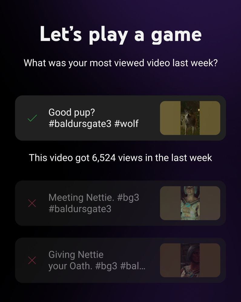 Let's play a game
What was your most viewed video last week?
Good pup?
#baldursgate3 #wolf
This video got 6,524 views in the last week