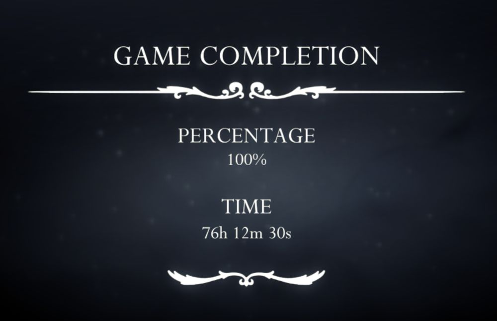 The Game Completion screen after beating Hollow Knight: Silksong. It shows it is 100% completed, and it took roughly 76 hours to do so.