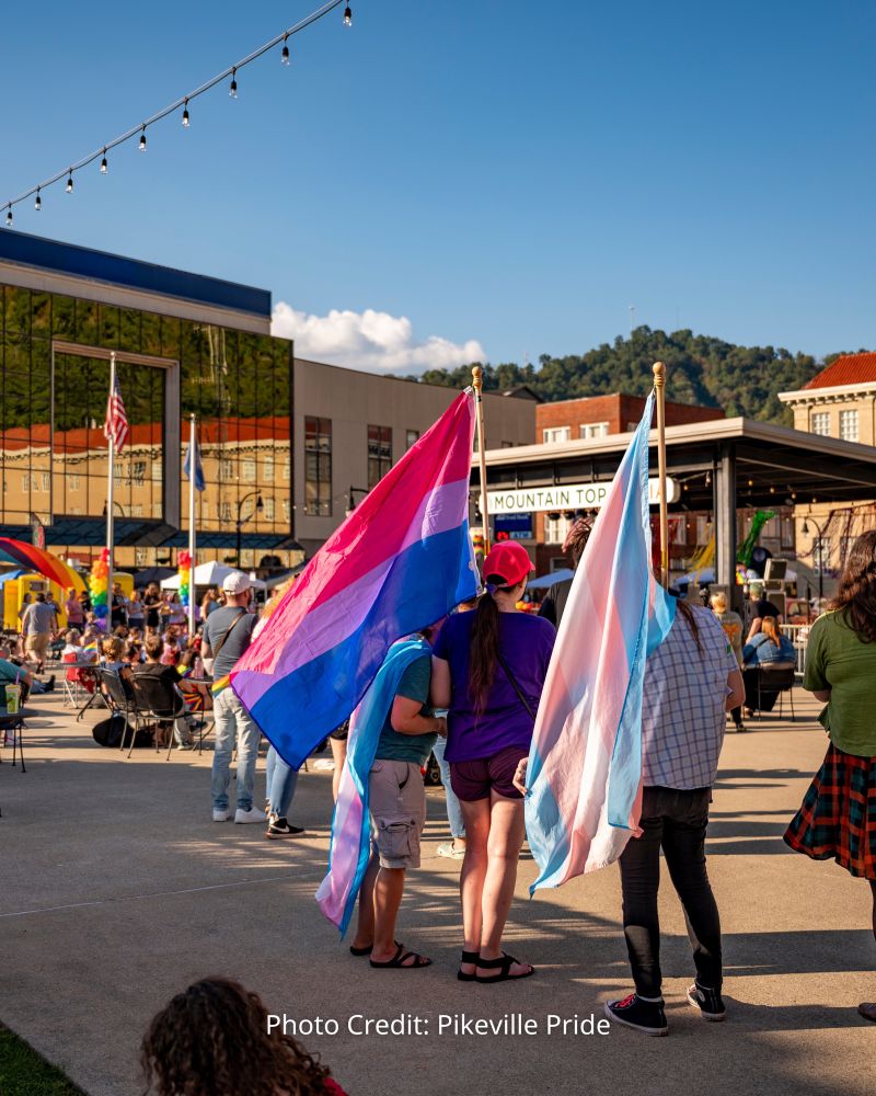 Crowd of people outside at a pride event. Foreground is group of 3 people holding large Bisexual & Trans Pride flags 