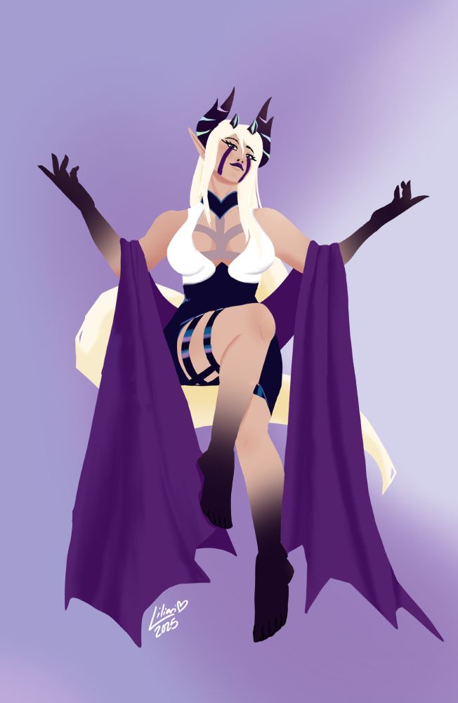 A floating female character with long pointy ears, 2 sets of black horns and long platinum blonde hair holds her hands out to the sides with elbows bent. Her hands and feet transition from skin tone to jet black as if corrupted, and her face has stripes of purple running down it from her eyes. She wears a tight-fitting dress with cutouts on the white bodice, an asymmetric black skirt, and shiny black garters/leg straps. A long purple cloth is draped around her, hanging from her elbows.