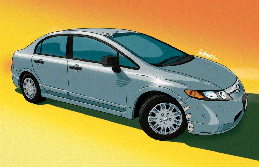 Illustration of a Silver 2006 Honda Civic sedan with duct tape and scratches, commissioned by Instagram user cinnabar.lisa