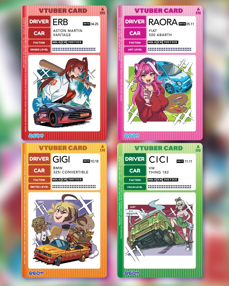 Sticker Cards based off of the old Initial D cards you'd get at the arcade machine but with the girls from Hololive English Justice: Elizabeth Rose Bloodflame, Raora Panthera, Gigi Murin and Cecilia Immergreen